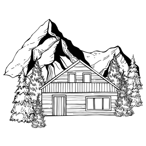 Ski resort. Chalet in the mountains. Vector sketch  illustration. - Vector, Image