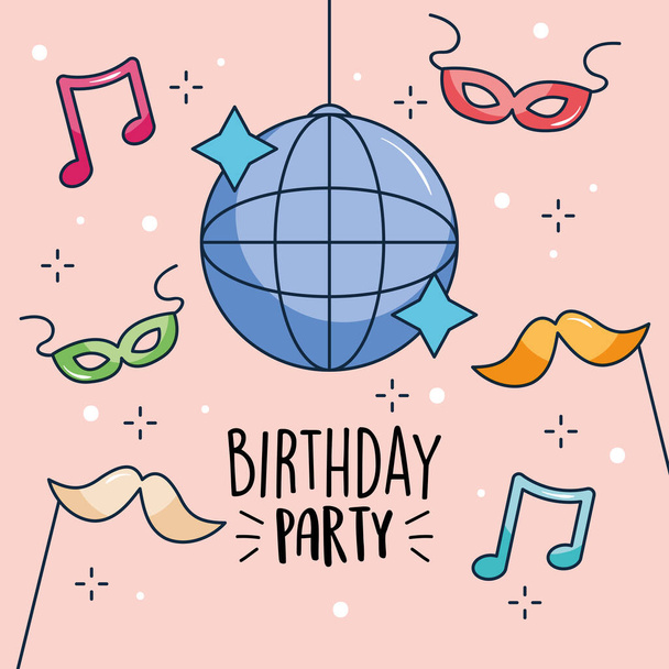 conception de fête d'anniversaire avec ballon disco et accessoires de fête autour - Vecteur, image