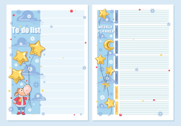 To do list. Planning. Santa Claus. Cartoon calf with star shaped balloons. Winter page for entries. - Vector, Image