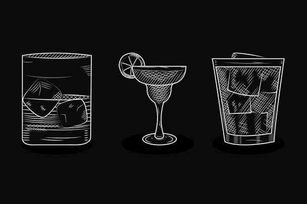 whisky glasses and margarita cocktail, sketch style - Vector, Image