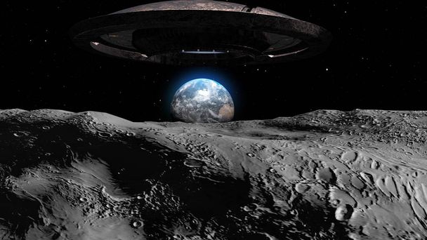 3d rendering-Flying saucer ufo que se dirige hacia la Tierra desde la luna - Foto, Imagen