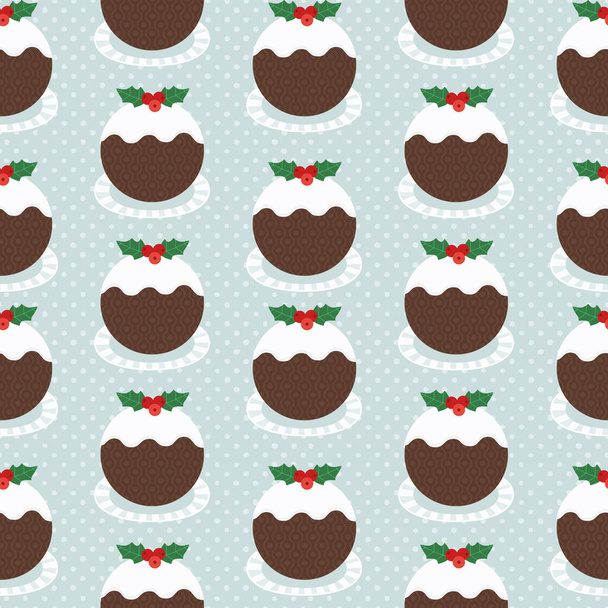 Christmas Pudding Decorative vector seamless pattern. Winter season holiday cartoon. Traditional plum pudding, brandy butter holly sprig ornament background. Christmas decoration template illustration - Vektör, Görsel