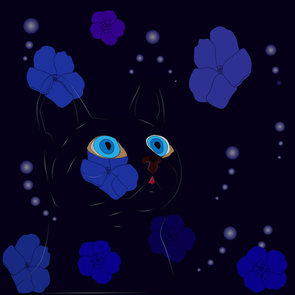 Silhouette de chat sur fond bleu profond. Chat aux yeux bleus, fleurs et lumières. Chutes de fleurs bleues. - Vecteur, image