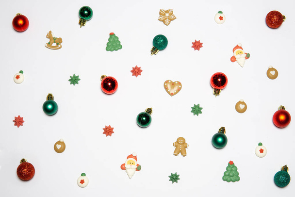 Creative layout made of Christmas decorations. Flat lay Christmas concept - Photo, Image
