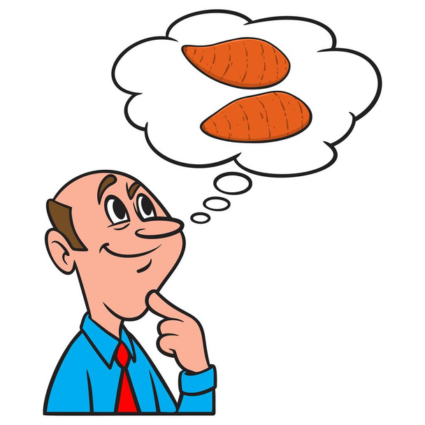 Thinking about Sweet Potatoes  - A cartoon illustration of a man thinking about Sweet Potatoes. - Vector, Image