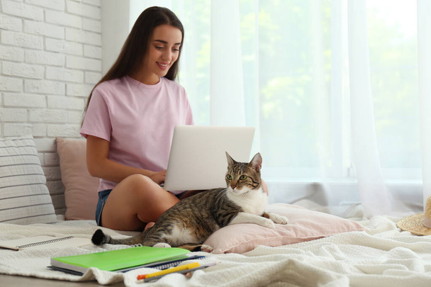 Young woman with cat working on laptop near window. Home office concept - Foto, afbeelding