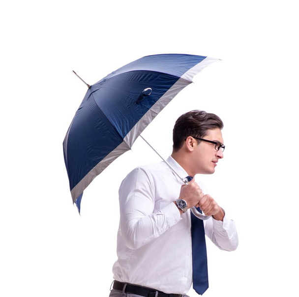 Young businessman with umbrella isolated on white - Foto, imagen