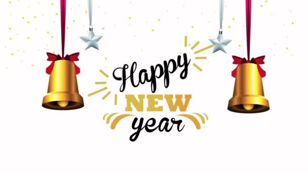 happy new year lettering card with golden bells hanging - Footage, Video