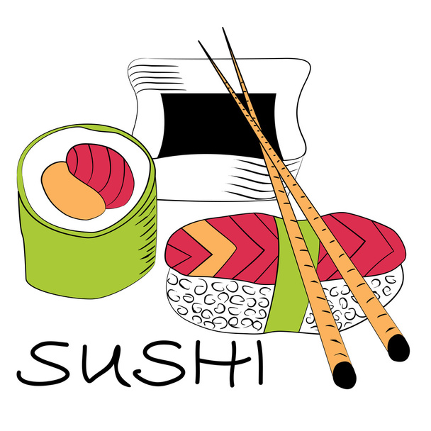 ρολό σούσι με chopsticks - Διάνυσμα, εικόνα