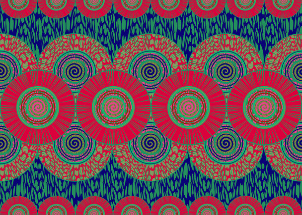 African Wax Print Stoff, ethnische handgefertigte Ornamente für Ihr Design, afro ethnische Blumen und Stammesmotive geometrische Elemente. Vektor Textur, Afrika nahtlose Textil Ankara Mode-Stil in roter Farbe - Vektor, Bild