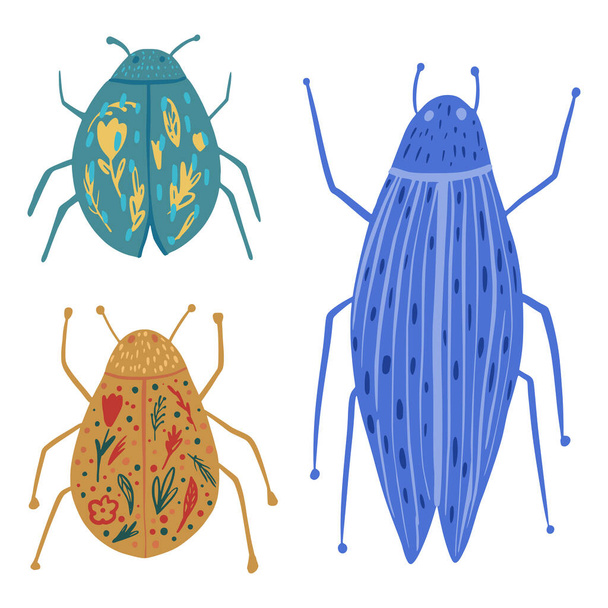 Set different beetles on white background. Abstract insects long, short, with tracery blue, yellow and turquoise in doodle vector illustration. - Vector, Image