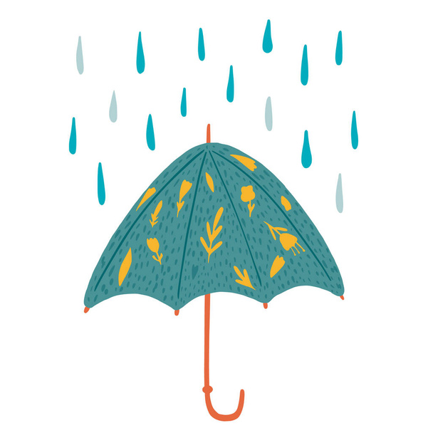 Nyitott esernyők virágokkal és esővel elszigetelt fehér háttérrel. Absztrakt esernyő türkiz színű stílus firka vektor illusztráció. - Vektor, kép