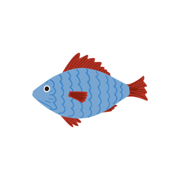Fish isolated on white background. Cartoon cute blue and red color in doodle vector illustration. - Vector, Image