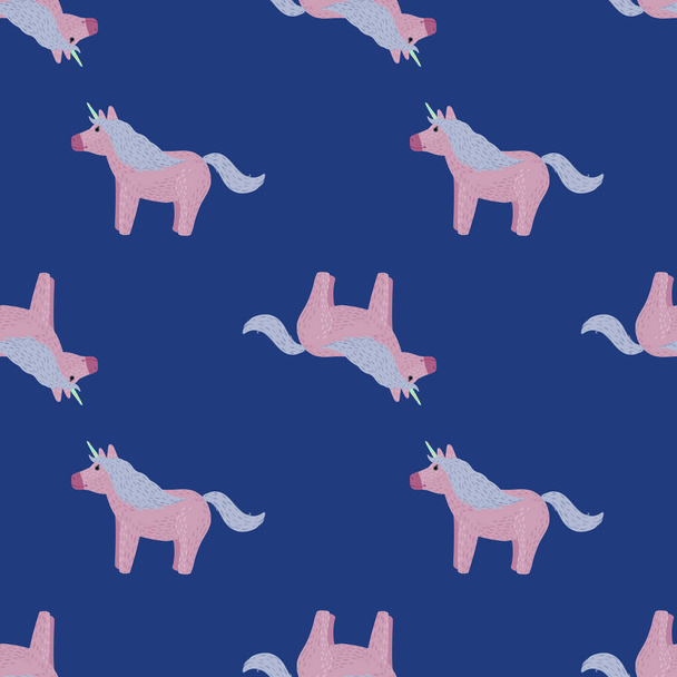 Doodle seamless kids pattern with pony unicorn pink pale silhouettes. Navy blue indigo background. Designed for fabric design, textile print, wrapping, cover. Vector illustration. - Vecteur, image