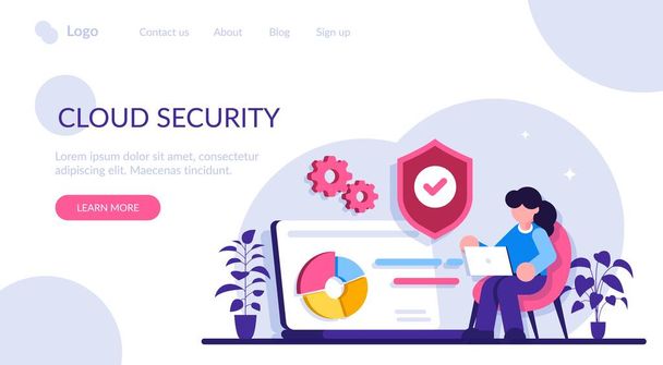 Cloud security concept. Personal digital security. Defence, protection from hackers, scammers. Data breaches, data leakage prevention. Modern flat illustration. - Vector, Image