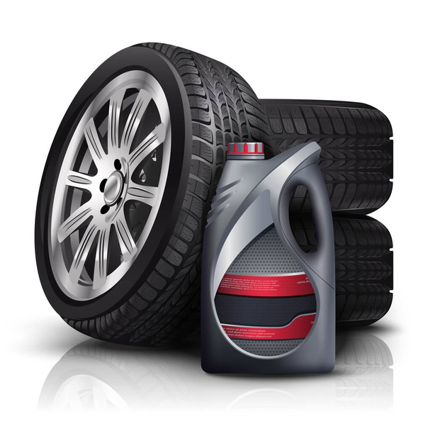 Illustration vectorielle réaliste 3D des niveaux de voiture avec bouteille en plastique d'huile de voiture. Isolé sur fond blanc. - Vecteur, image