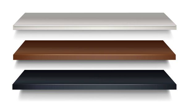 3d prateleira de madeira vetorial realista em marrom e preto, cor branca em perspectiva. - Vetor, Imagem