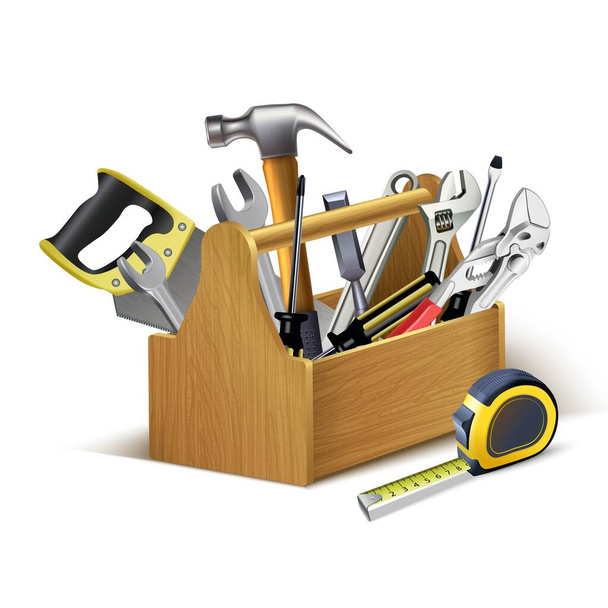 Mobile3d realista vector instrumentos caja de madera, caja de herramientas. - Vector, imagen