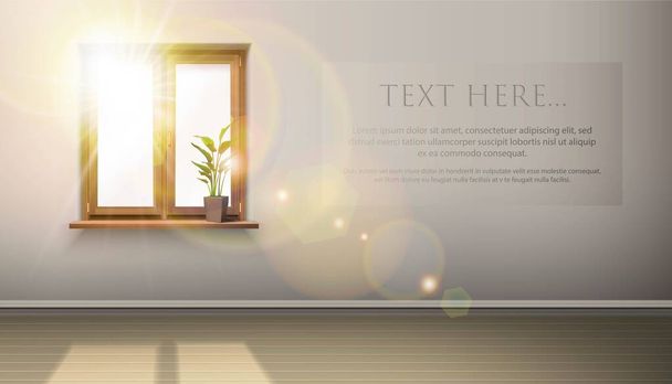 木の窓や植物や太陽との現実的なベクトル・イントネーションが輝きます。広告の場所. - ベクター画像