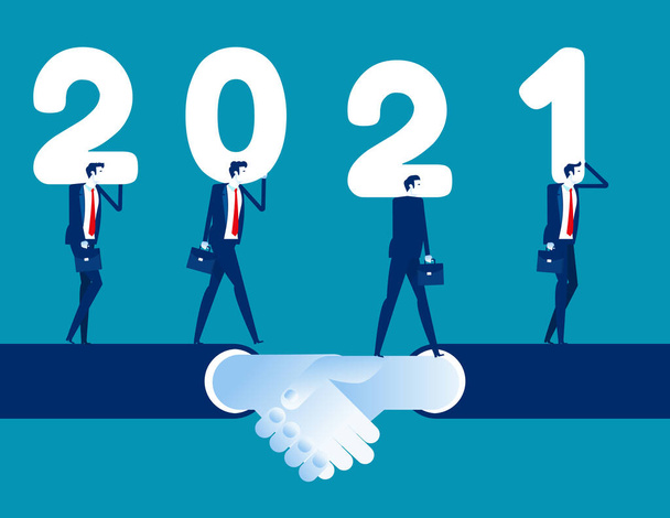 Équipe d'affaires marcher ensemble sur serrer la main et tenir le numéro 2021 - Vecteur, image