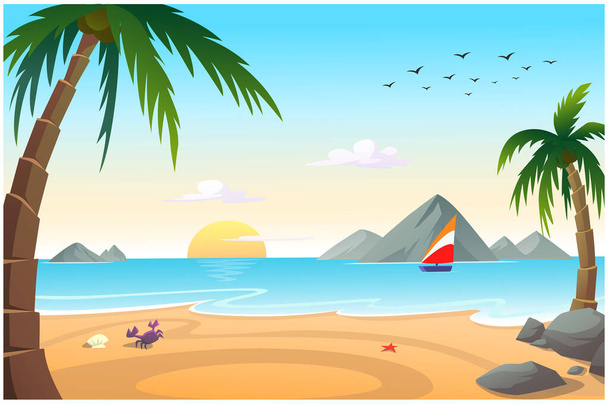 U moře, je písečná pláž s kokosovými stromy, jasná ranní atmosféra. - Vektor, obrázek