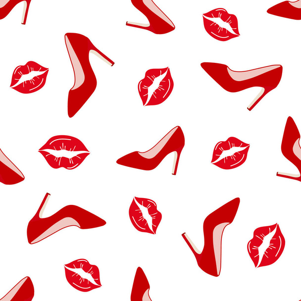 華やかな赤い靴のシームレスなパターン。美容業界、ラッパー、グリーティングカード、包装、織物、印刷、バレンタインデーのためのデザイン。ベクトル - ベクター画像