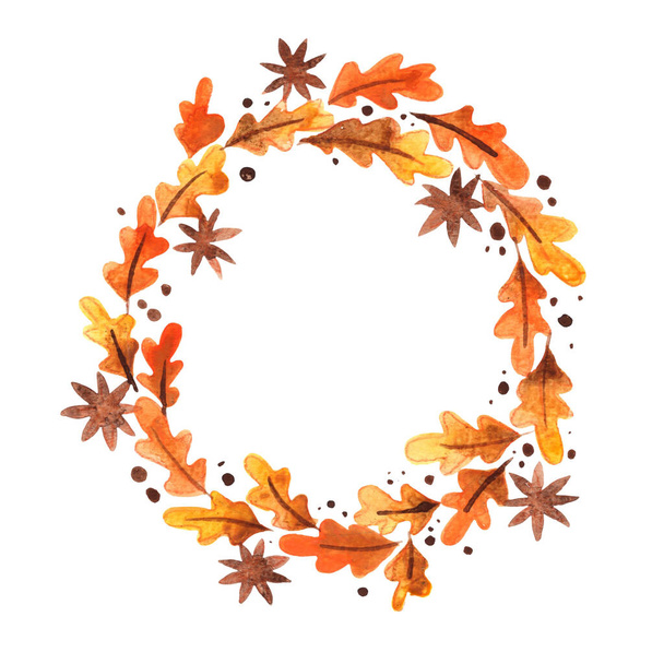 感謝祭やクリスマスイベントの装飾のためのオークの葉と星のanrise花輪水彩画. - 写真・画像