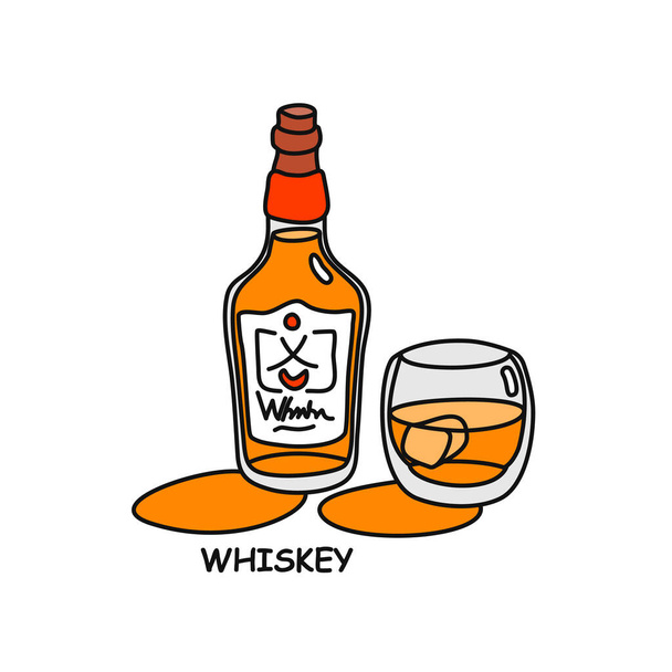 Whiskey fles en glazen omtrek pictogram op witte achtergrond. Gekleurde cartoon schets grafisch ontwerp. Doodle stijl. Handgetekende afbeelding. Feestdrank concept. Vrijstaande tekenstijl - Vector, afbeelding