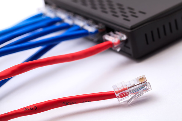Conmutador de red LAN con cables Ethernet conectados
 - Foto, imagen