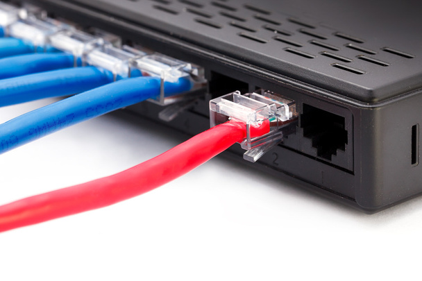 przełącznik sieci LAN z kabli ethernet podłączony - Zdjęcie, obraz