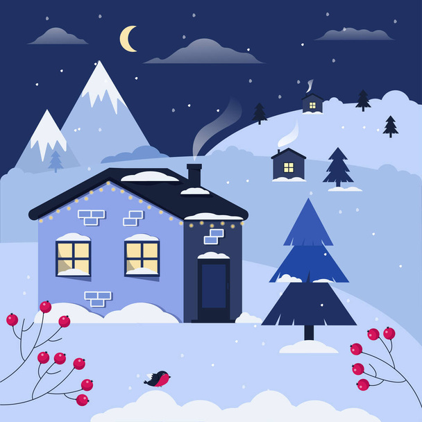 Winter houses with glowing Windows and garlands, night landscape with mountains and Christmas trees. Flat style, monochrome. - Vetor, Imagem
