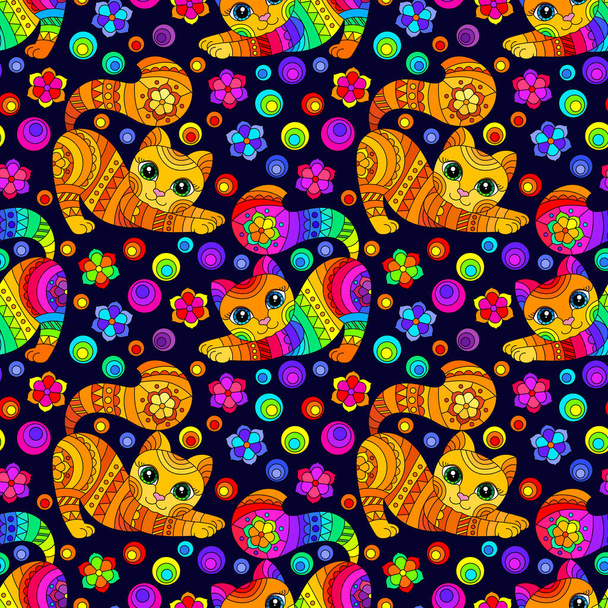 Безшовний візерунок з яскравими кішками та квітами у вітражному стилі на темному тлі
 - Вектор, зображення