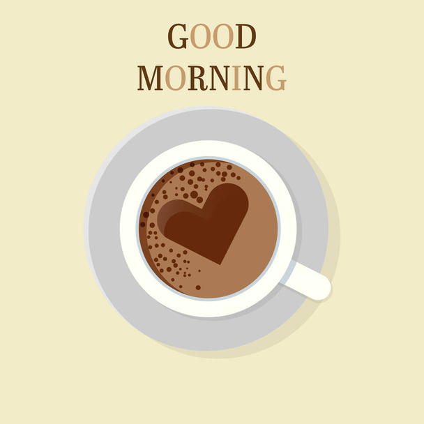 Cup of coffee with text "Good morning" on a light background. Flat style. Design for poster, banner, background, card. Top View. - Wektor, obraz