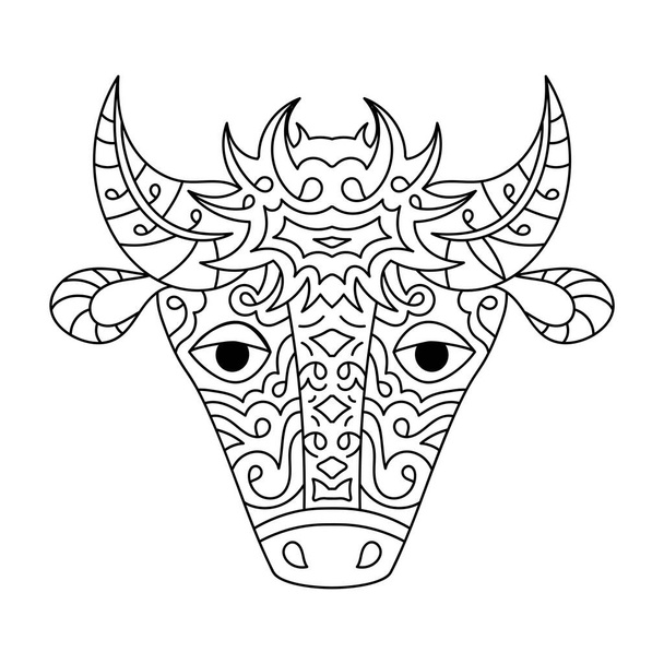 Kifestőkönyv felnőtteknek és gyerekeknek Bika vagy tehén. Egy állat rajza. Gravírozás vagy nyomtatás termékekre. Kézzel rajzolt vázlat Vektor illusztráció - Vektor, kép