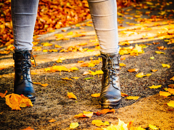 Unrecognizable woman wearing black warm shoes boots in autumnal style. Footwear for autumn weather concept. Female around orange leaves. - Fotó, kép