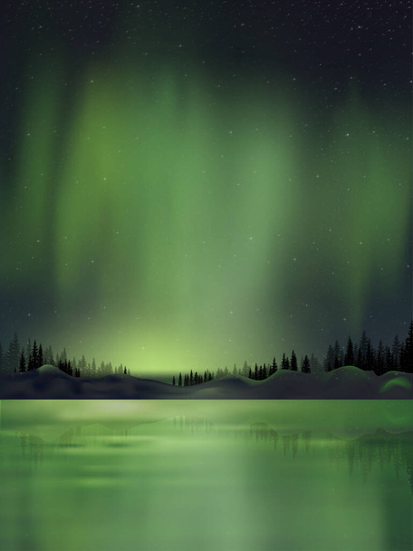 Lumières nordiques dans le paysage nocturne Belle lumière polaire de couleur et ciel étoilé avec forêt de pins et reflet de montagne sur le lac, ciel nocturne vectoriel et aurores boréales spectaculaires étonnantes  - Vecteur, image