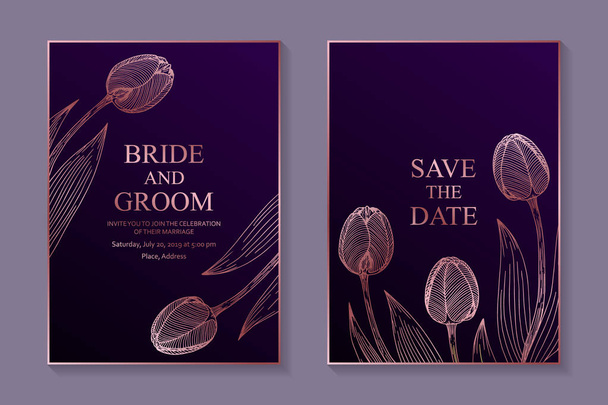 Set luxe bloemen bruiloft uitnodiging ontwerp of wenskaart sjablonen met gouden tulpen op een paarse achtergrond. - Vector, afbeelding