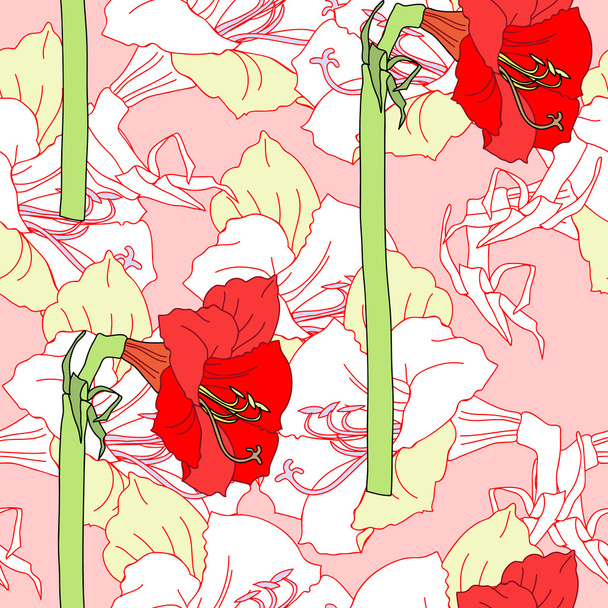 Seamless pattern  with red white amaryllises - Διάνυσμα, εικόνα