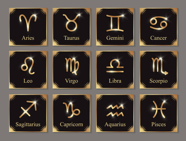 Golden signos do zodíaco brilhante em doze cartões quadrados pretos. - Vetor, Imagem
