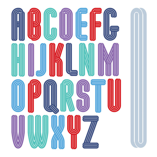 Set of vector capital tall funky alphabet letters isolated with parallel lines, can be used for logo creation in entertainment business. - Vektör, Görsel