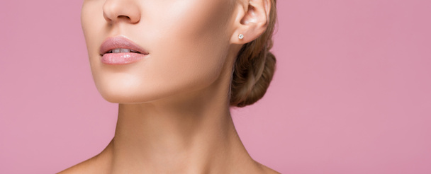 cropped view of beautiful woman with perfect skin isolated on pink, banner - Фото, зображення