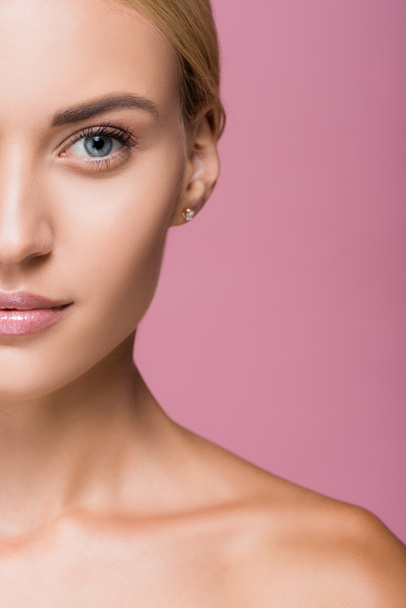 cropped view of beautiful blonde woman with perfect skin isolated on pink - Φωτογραφία, εικόνα