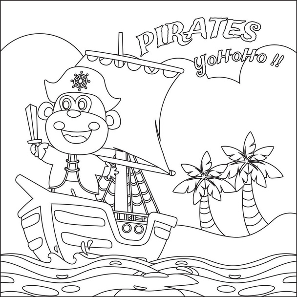 Vektorové ilustrace opice pirát na lodi u moře s kresleným stylem. s kresleným stylem Dětský design pro děti aktivity omalovánky nebo stránky. - Vektor, obrázek