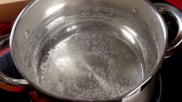 Вода кипит в металлической сковороде - Кадры, видео