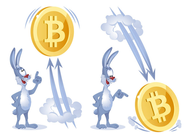 Funny rabbit watches as bitcoin soars up and falls down. Cartoon styled vector illustration. Elements is grouped. Isolated on white. No transparent objects. - Vector, Image