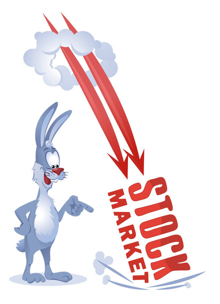 Vtipný králík se dívá, jak se hroutí burza. Vektorová ilustrace ve stylu karikatury. Prvky jsou seskupeny. Na bílém pozadí. Žádné průhledné objekty. - Vektor, obrázek