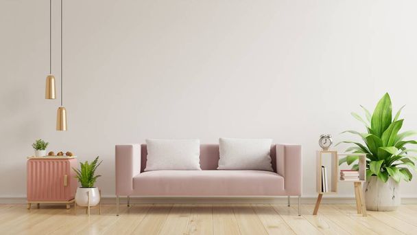 Interior wall mockup with empty white wall,pink sofa on wooden flooring and white wall,3d rendering - Fotoğraf, Görsel