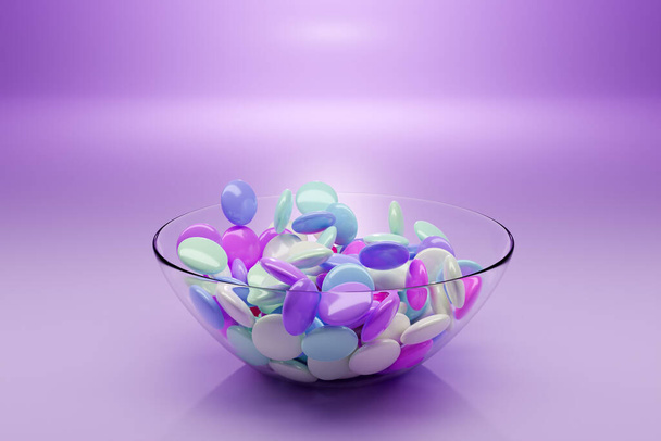 3d illustration of small glass plates with  colorful chewing gums on a pink  background. A treat for the  kids. Sweets are scattered nearby - Photo, Image