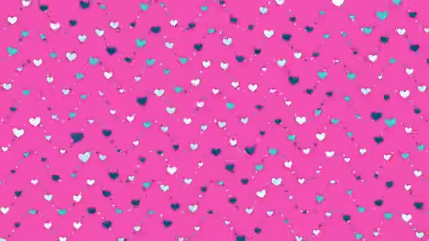 Multicolored blinking hearts of different sizes move in wavy rows on a pink background. Illustration. - Footage, Video
