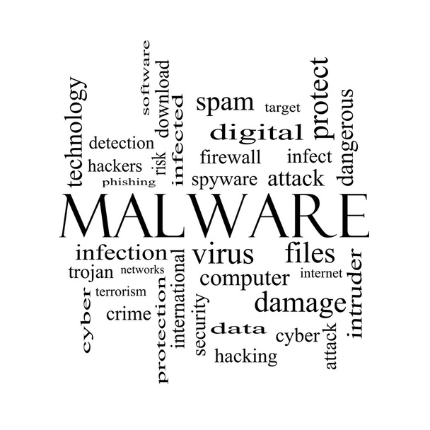 Malware szó felhő fogalmát a fekete-fehér - Fotó, kép